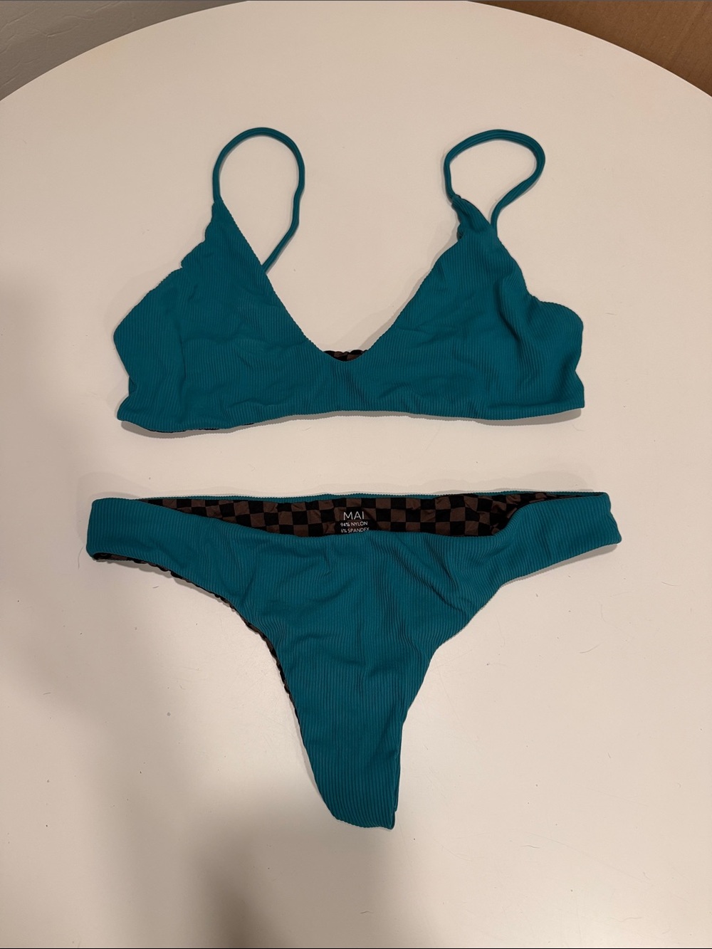 Mai Teal Ribbed Triangle Bikini Top and Bottom Set